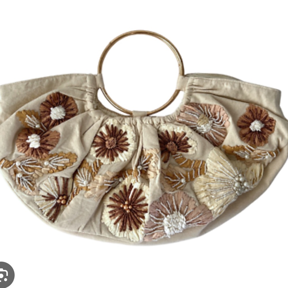 Anthropologie‎ Cream and Brown Beaded Handbag Glass Beaded Rafia Satchel Purse